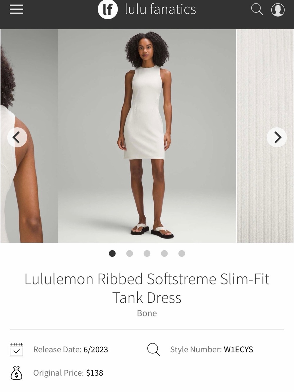 NWT Lululemon Ribbed Softstreme Slim-Fit Tank Dress Bone Size 6